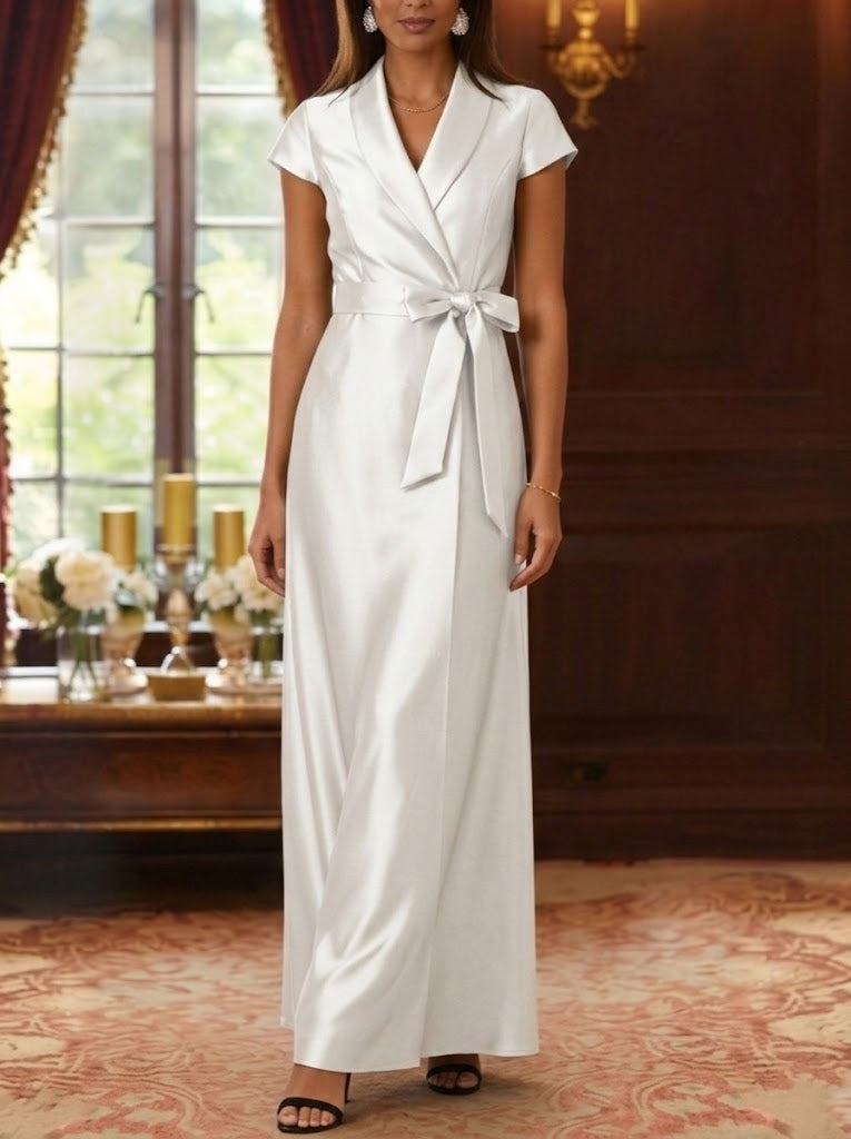 Sheath/Column Shirt Collar Silk Satin Mother of the Bride Dresses Cap Sleeves Ankle-Length Belt