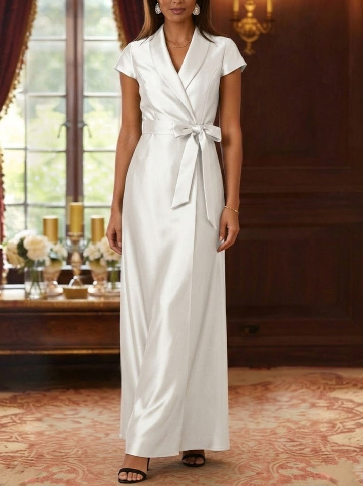 Sheath/Column Shirt Collar Silk Satin Mother of the Bride Dresses Cap Sleeves Ankle-Length Belt