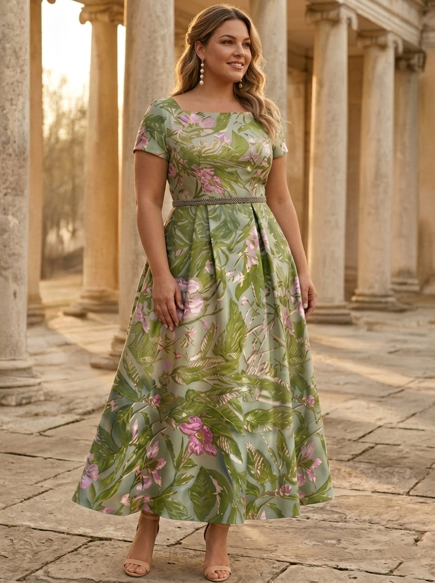 A-Line/Princess Square Collar Satin Plus Size Mother of the Bride Dresses Floral Ankle-Length Short Sleeves