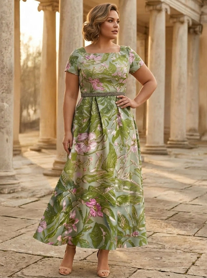 A-Line/Princess Square Collar Satin Plus Size Mother of the Bride Dresses Floral Ankle-Length Short Sleeves