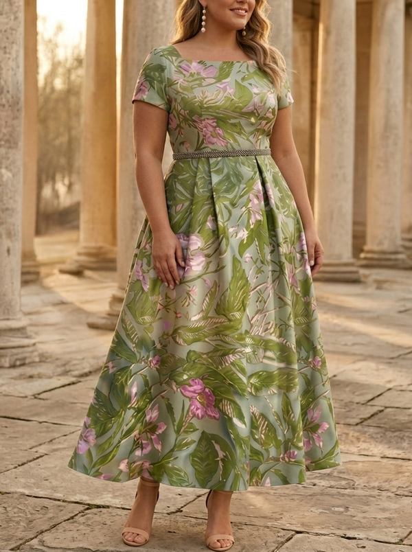 A-Line/Princess Square Collar Satin Plus Size Mother of the Bride Dresses Floral Ankle-Length Short Sleeves