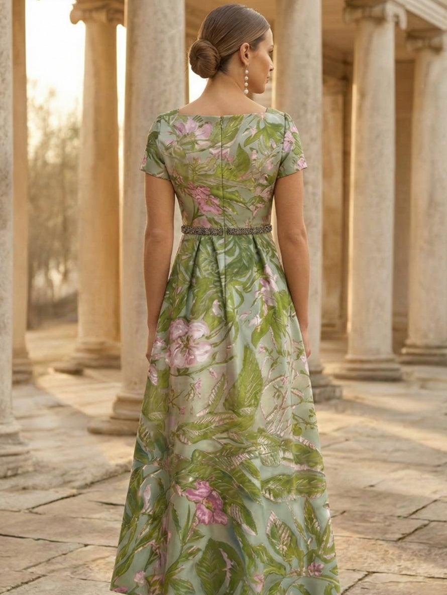 A-Line/Princess Square Collar Satin Mother of the Bride Dresses Floral Ankle-Length Short Sleeves