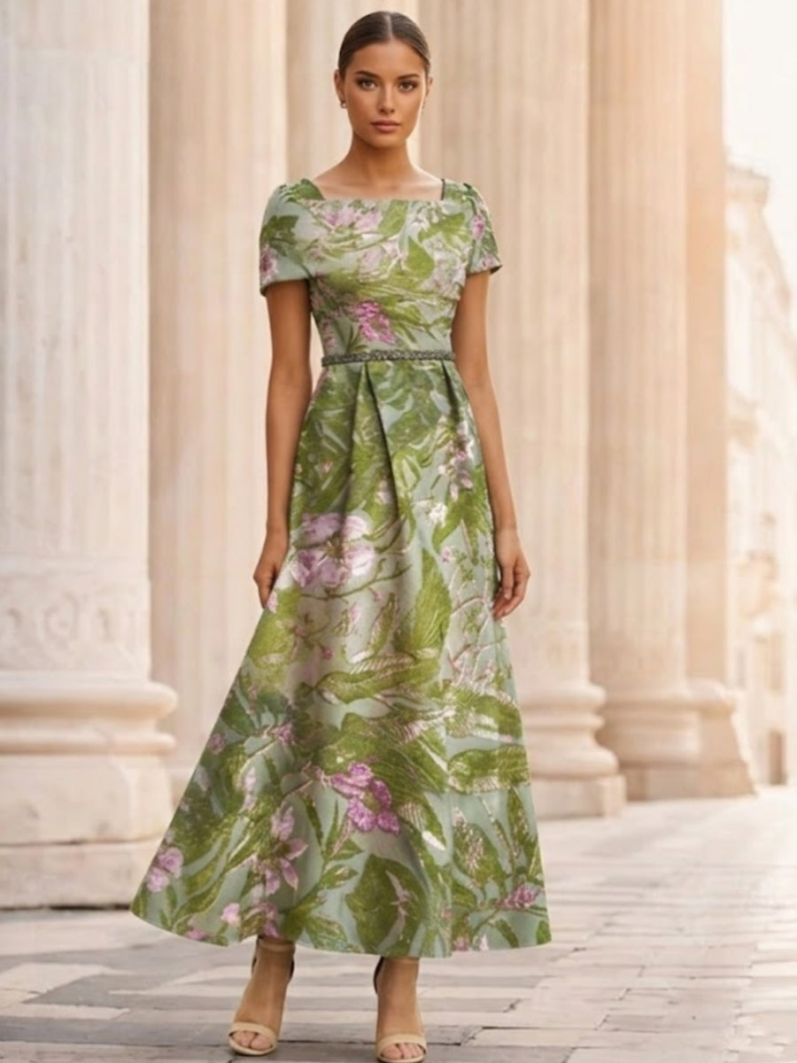 A-Line/Princess Square Collar Satin Mother of the Bride Dresses Floral Ankle-Length Short Sleeves