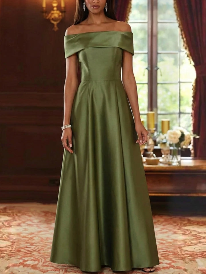 A-Line/Princess Off-the-Shoulder Satin Mother of the Bride Dresses Sleeveless Floor-Length Pleated