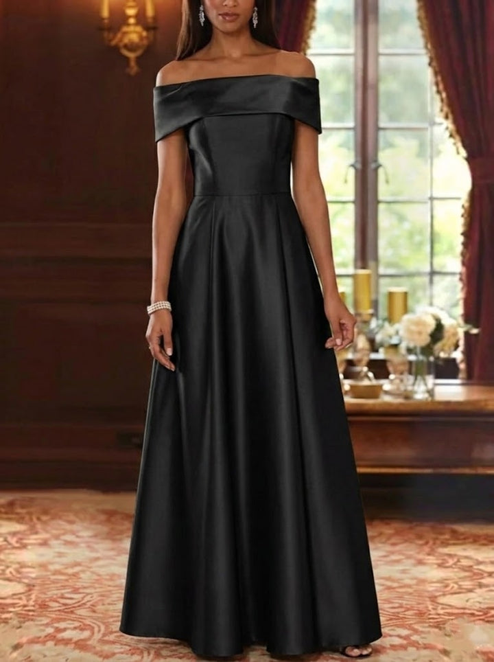 A-Line/Princess Off-the-Shoulder Satin Mother of the Bride Dresses Sleeveless Floor-Length Pleated