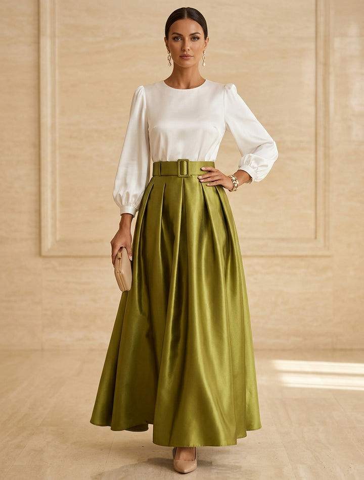 A-Line/Princess Scoop Taffeta Mother of the Bride Dresses Long Sleeves Ankle-Length Pleated