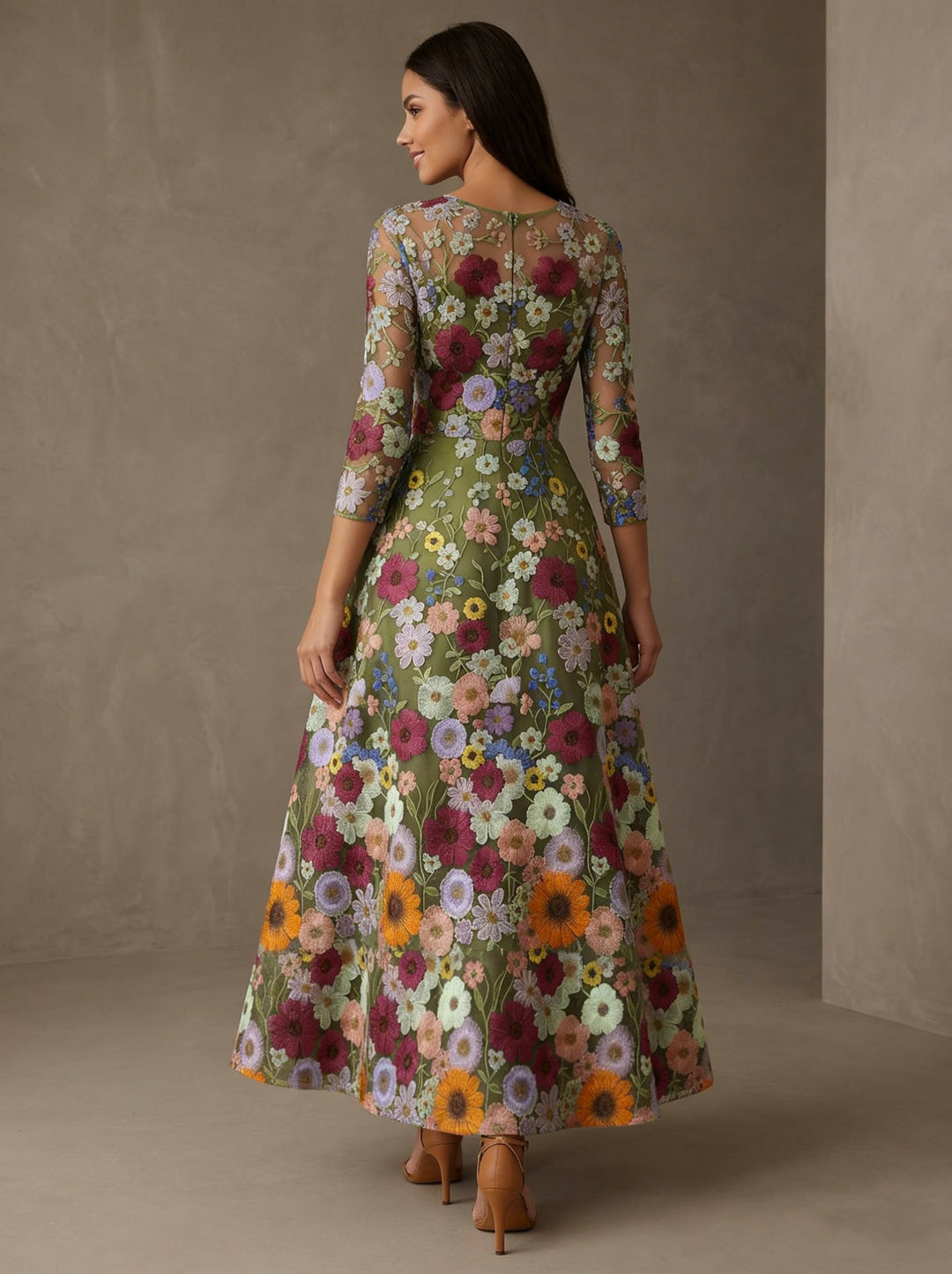 A-Line/Princess Scoop Mother of the Bride Dresses Floral Lace Ankle-Length 3/4 Sleeves