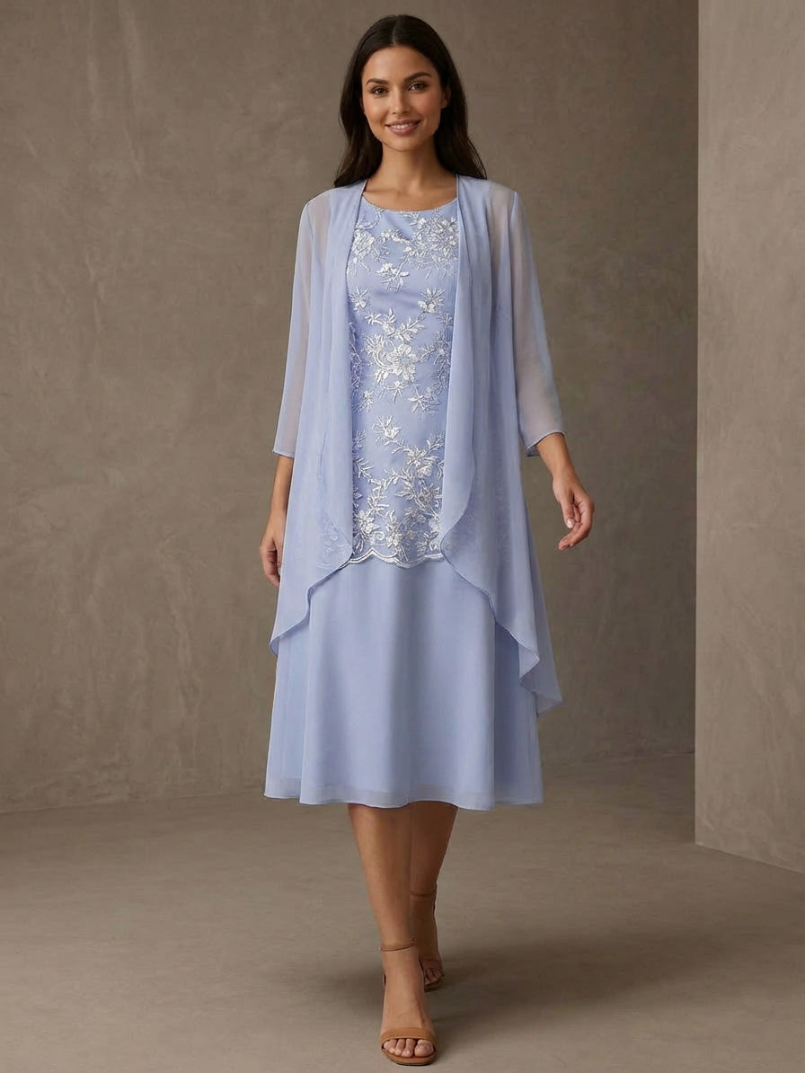 A-Line/Princess Scoop Chiffon Mother of the Bride Dresses with Jacket Tea-Length 3/4 Sleeves Lace