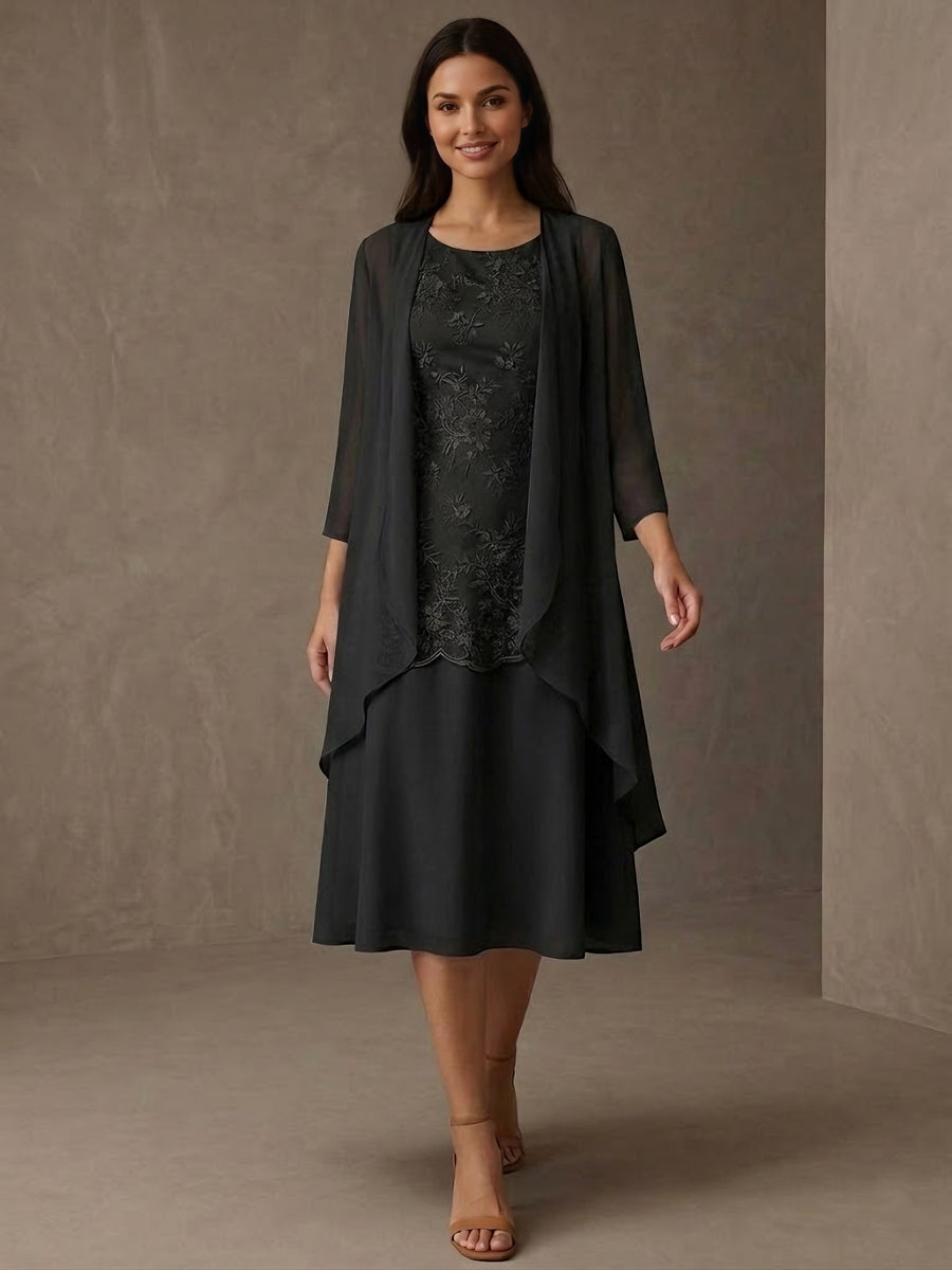 A-Line/Princess Scoop Chiffon Mother of the Bride Dresses with Jacket Tea-Length 3/4 Sleeves Lace