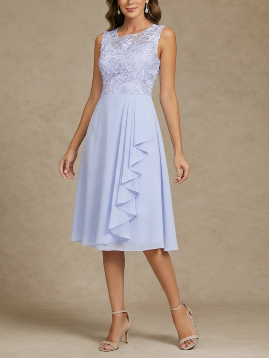 A-Line/Princess 2 Pieces Scoop Chiffon Mother of the Bride Dresses with Jacket Lace Tea-Length 3/4 Sleeves Ruffles