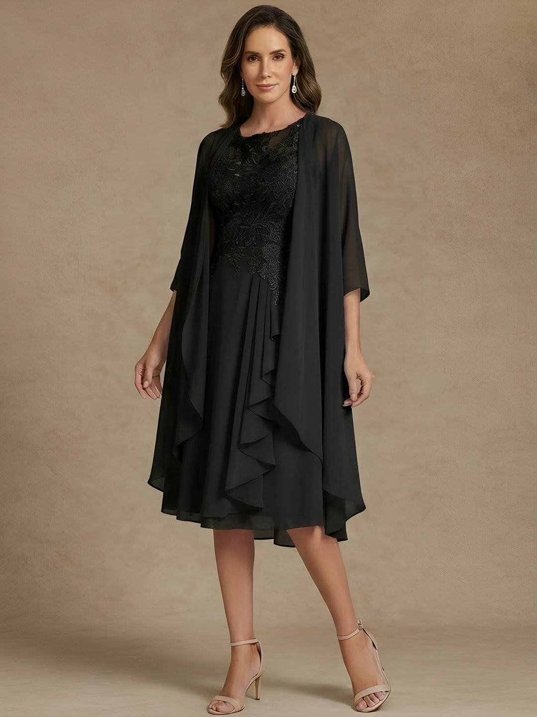 A-Line/Princess 2 Pieces Scoop Chiffon Mother of the Bride Dresses with Jacket Lace Tea-Length 3/4 Sleeves Ruffles