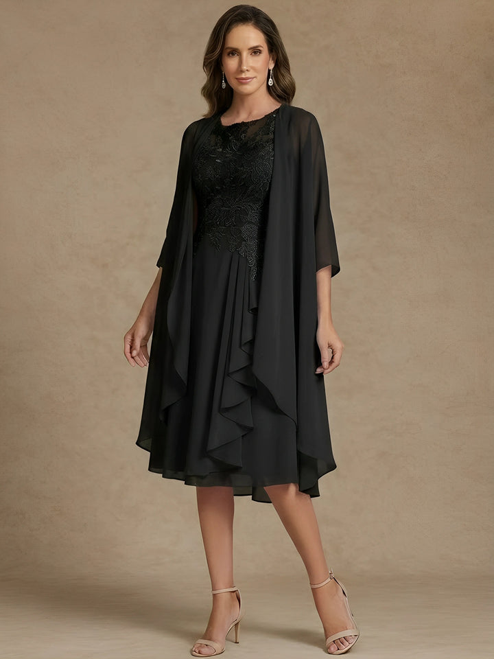 A-Line/Princess 2 Pieces Scoop Chiffon Mother of the Bride Dresses with Jacket Lace Tea-Length 3/4 Sleeves Ruffles