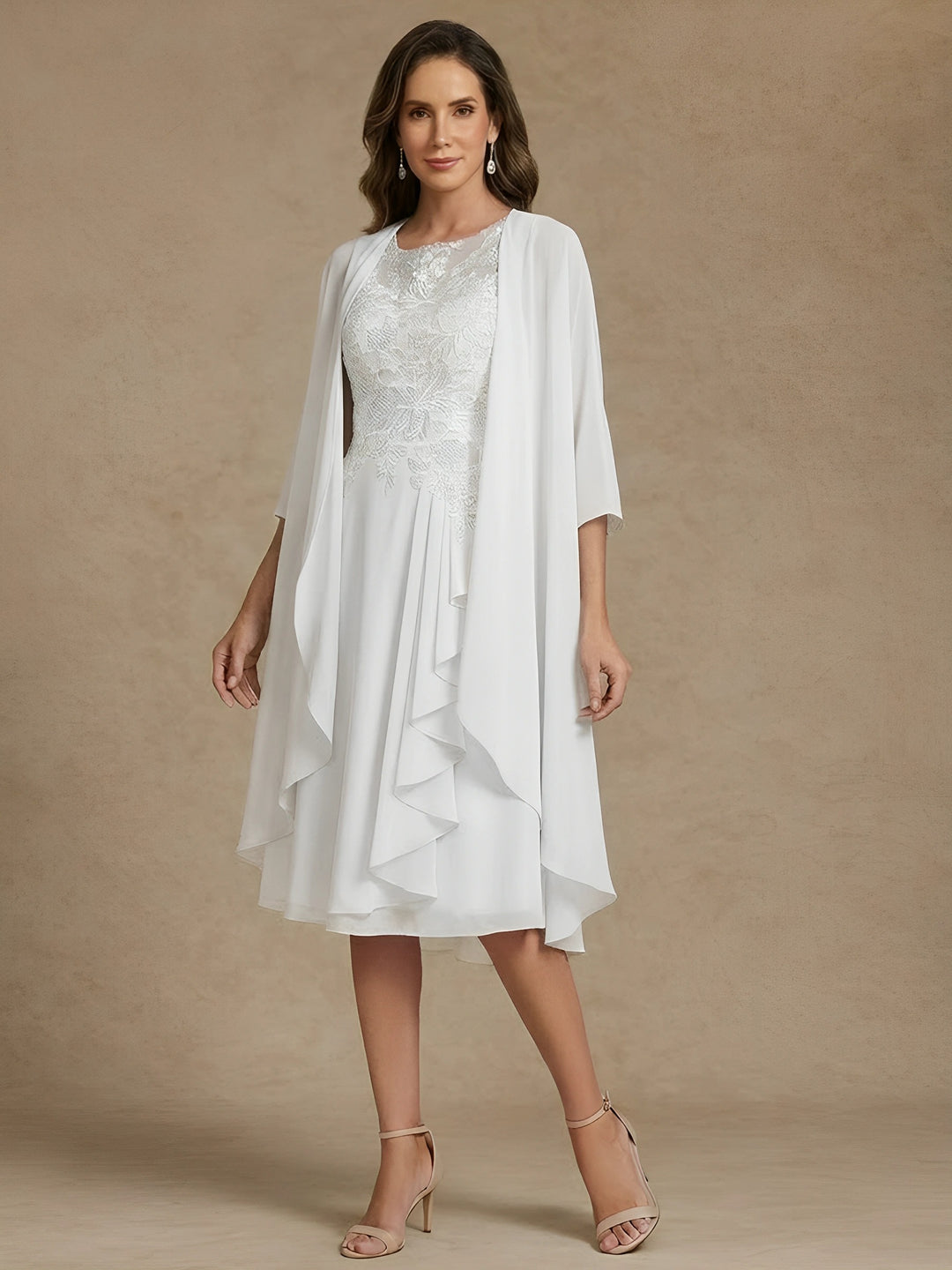 A-Line/Princess 2 Pieces Scoop Chiffon Mother of the Bride Dresses with Jacket Lace Tea-Length 3/4 Sleeves Ruffles