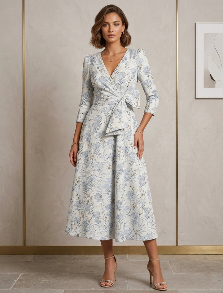 A-Line/Princess V-Neck Jacquard Mother of the Bride Dresses Floral Tea-Length 3/4 Sleeves