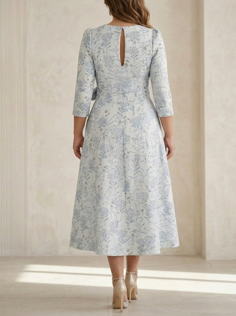 A-Line/Princess V-Neck Jacquard Plus Size Mother of the Bride Dresses Floral Tea-Length 3/4 Sleeves
