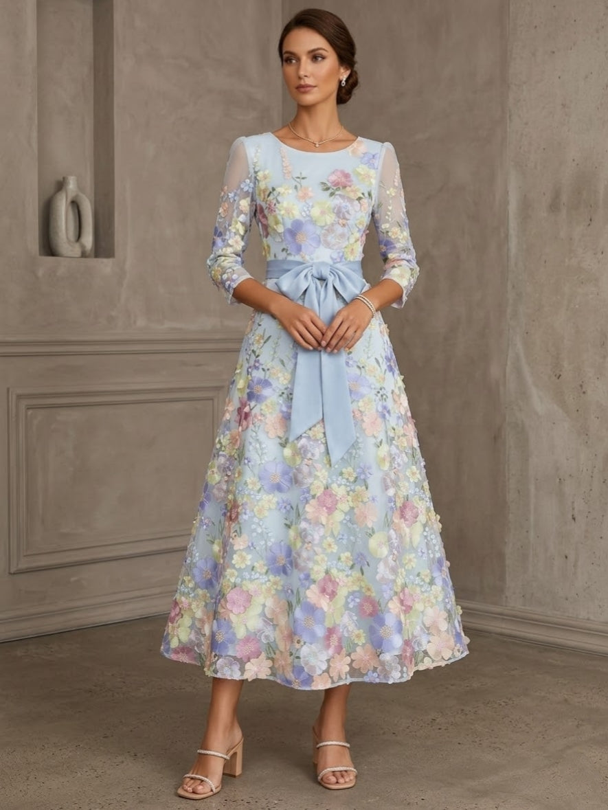 A-Line/Princess Scoop Lace Mother of the Bride Dresses Floral Embroidery Tea-Length 3/4 Sleeves Bowknot