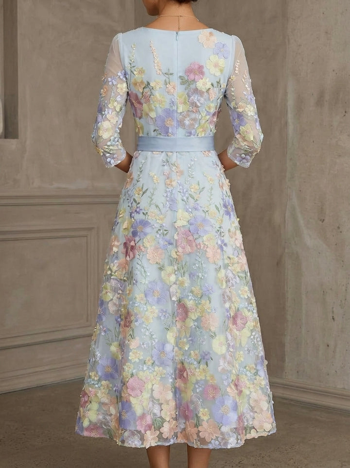 A-Line/Princess Scoop Lace Mother of the Bride Dresses Floral Embroidery Tea-Length 3/4 Sleeves Bowknot