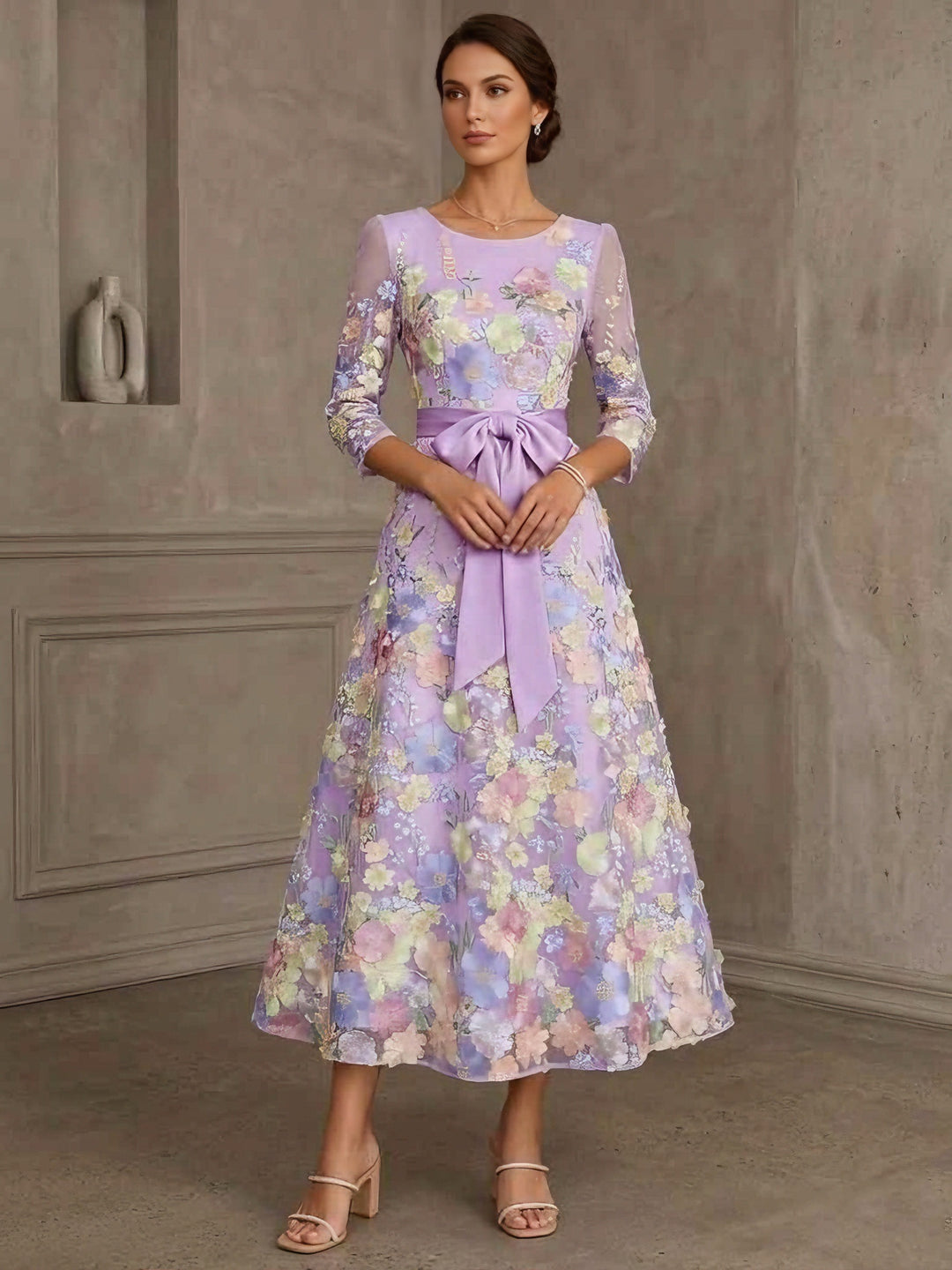 A-Line/Princess Scoop Lace Mother of the Bride Dresses Floral Embroidery Tea-Length 3/4 Sleeves Bowknot, As Pic