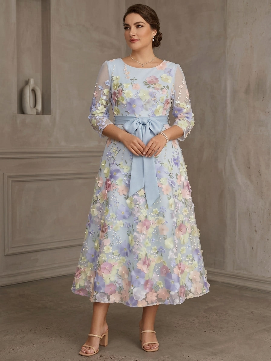 A-Line/Princess Scoop Lace Plus Size Mother of the Bride Dresses Floral Embroidery Tea-Length 3/4 Sleeves Bowknot