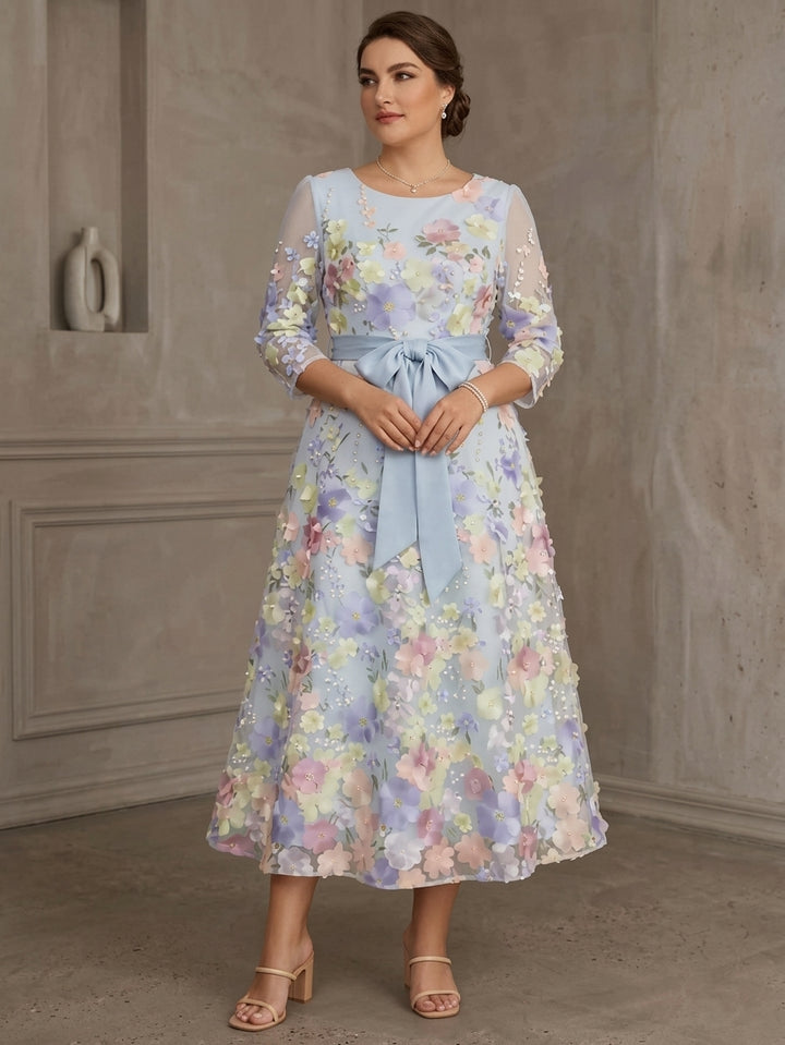 A-Line/Princess Scoop Lace Plus Size Mother of the Bride Dresses Floral Embroidery Tea-Length 3/4 Sleeves Bowknot