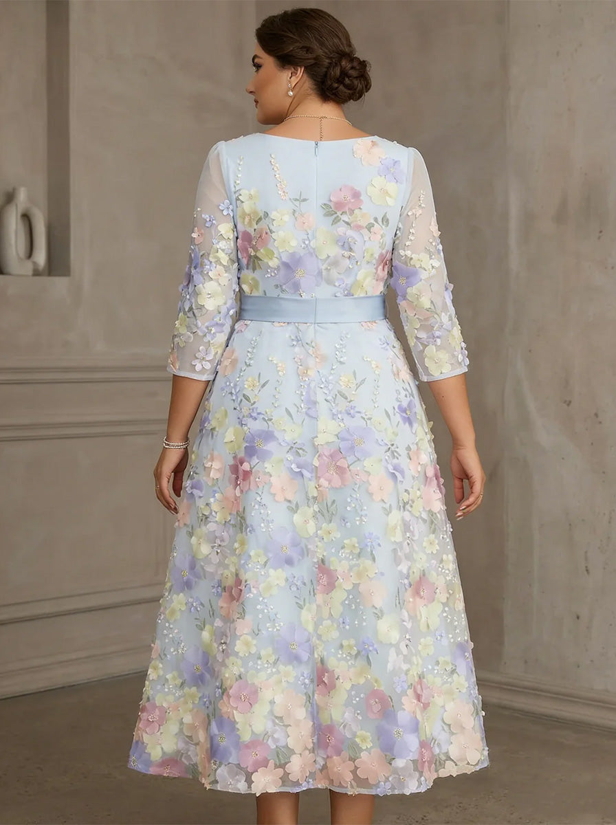 tea length floral embroidery plus size lace mother of the bride dress with sleeves