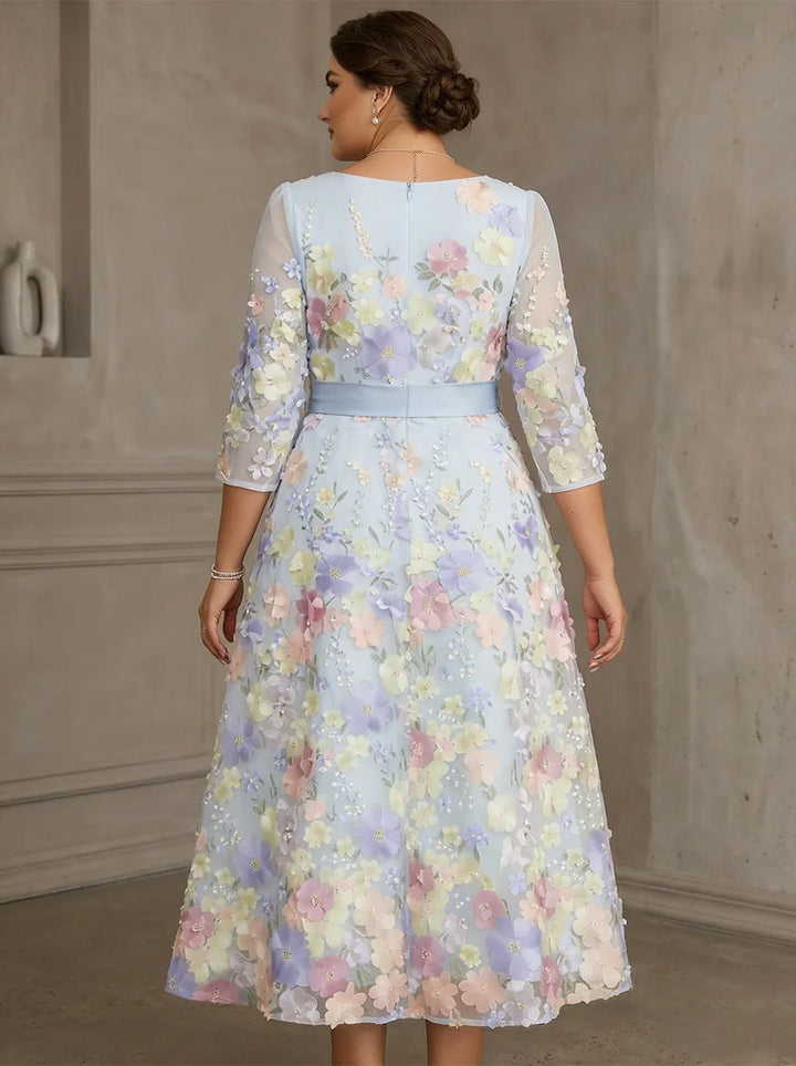 tea length floral embroidery plus size lace mother of the bride dress with sleeves