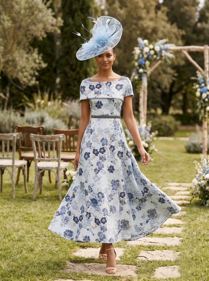 A-Line/Princess Square Collar Jacquard Mother of the Bride Dresses Floral Ankle-Length Short Sleeves