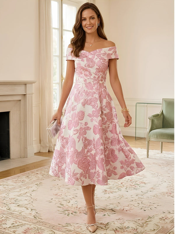 A-Line/Princess Off-the-Shoulder Jacquard Mother of the Bride Dresses Floral Tea-Length Sleeveless