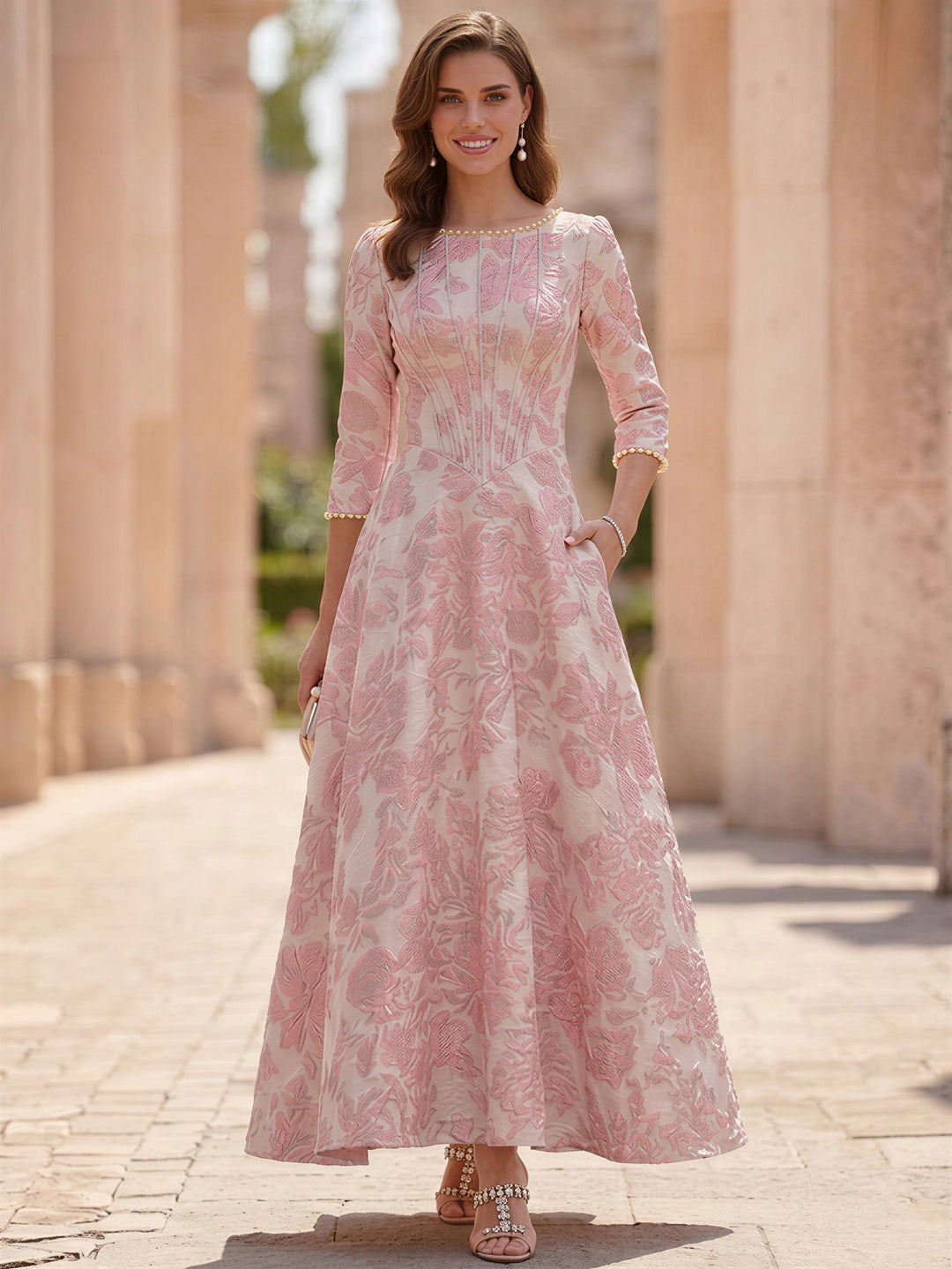 A-Line/Princess Scoop Jacquard Mother of the Bride Dresses Floral Ankl