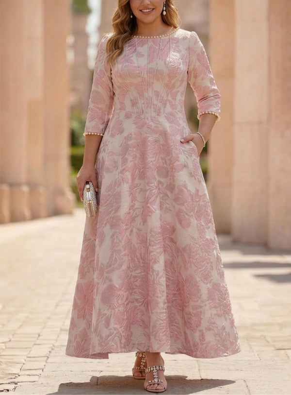 A-Line/Princess Scoop Plus Size Jacquard Mother of the Bride Dresses Floral Ankle-Length 3/4 Sleeves