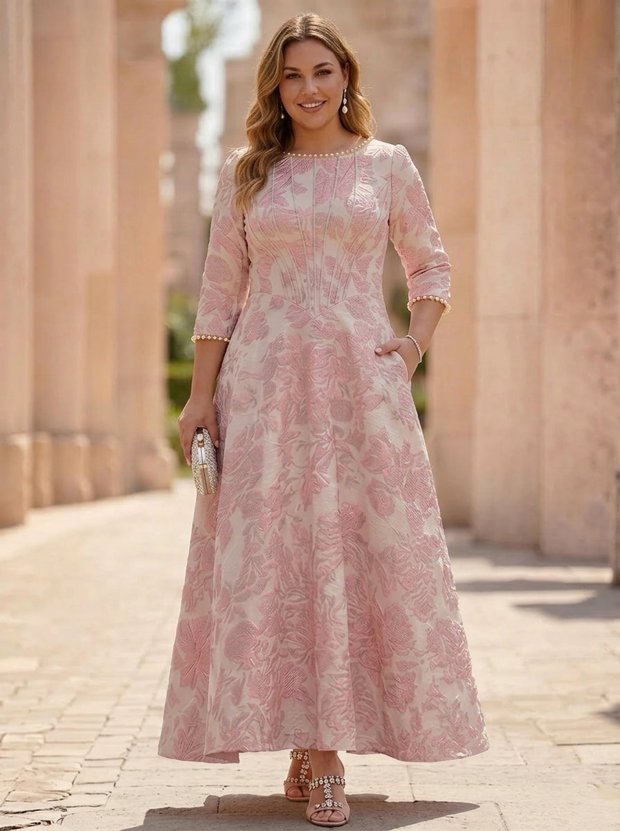 A-Line/Princess Scoop Plus Size Jacquard Mother of the Bride Dresses Floral Ankle-Length 3/4 Sleeves