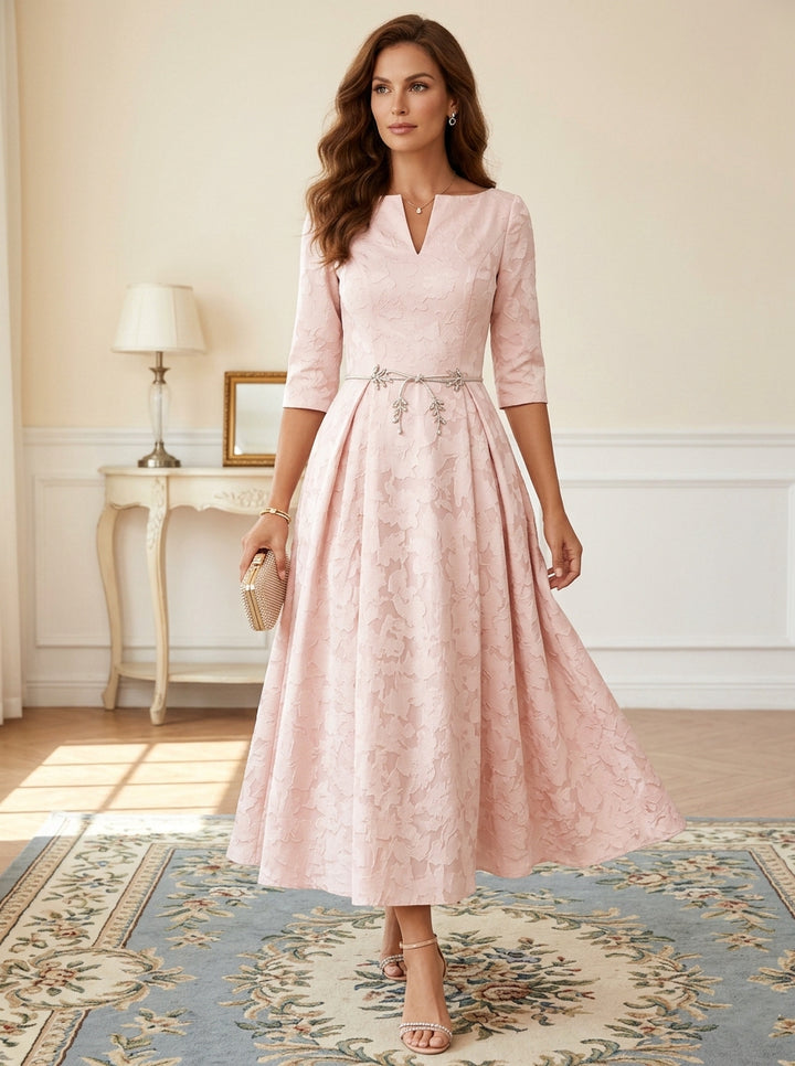 A-Line/Princess V-Neck Floral Burnout Mother of the Bride Dresses Tea-Length 3/4 Sleeves Belt