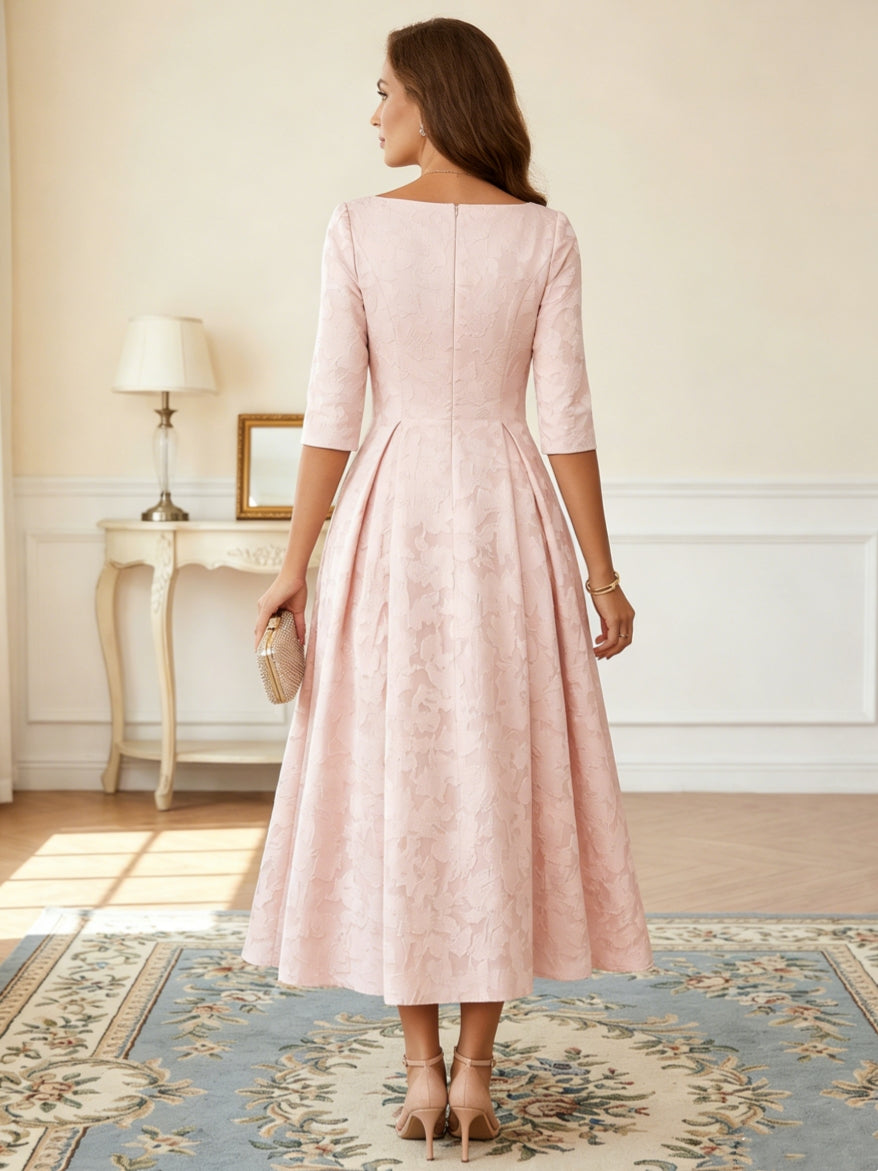 A-Line/Princess V-Neck Floral Burnout Mother of the Bride Dresses Tea-Length 3/4 Sleeves Belt