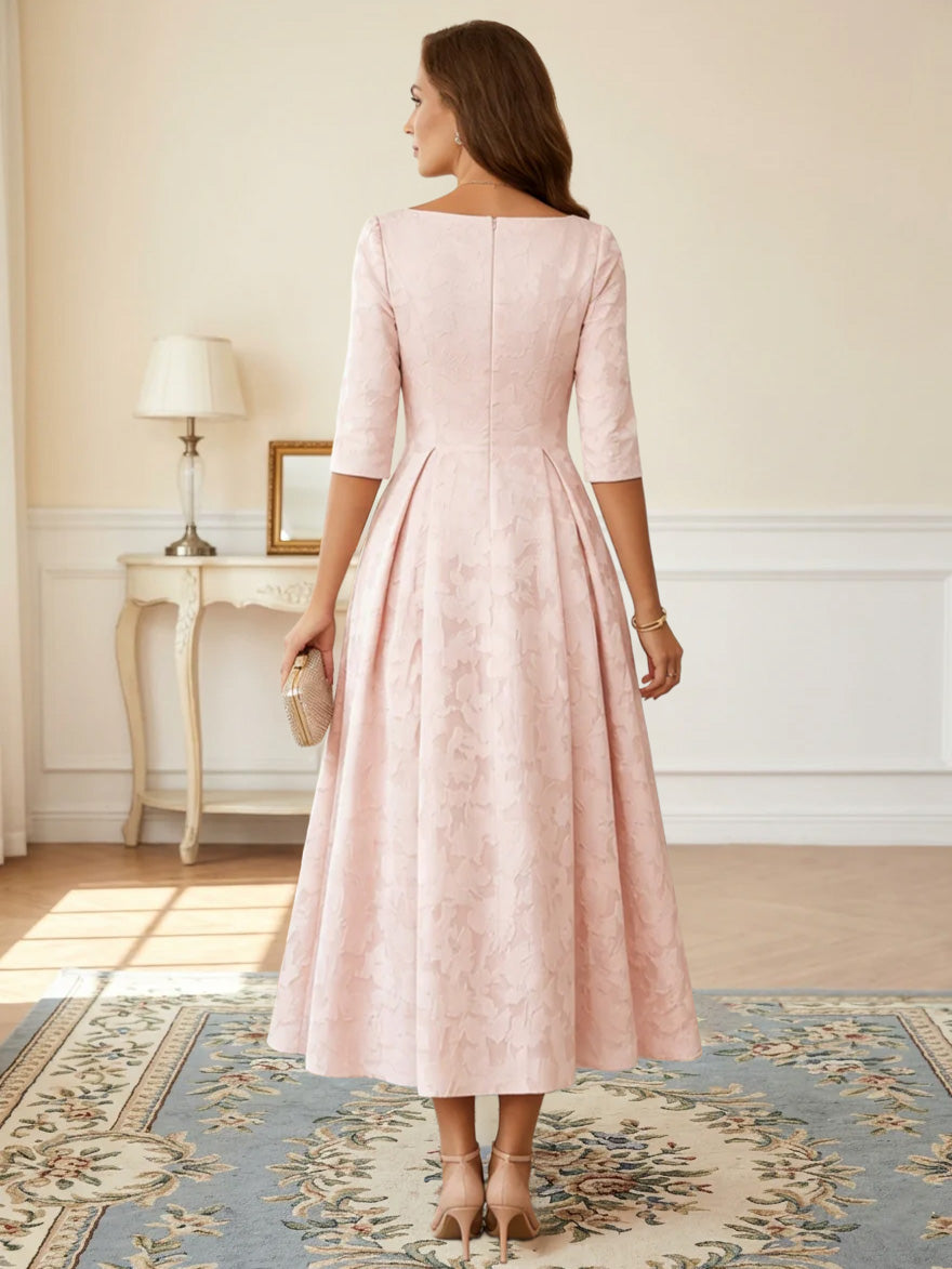 A-Line/Princess V-Neck Floral Burnout Mother of the Bride Dresses Tea-Length 3/4 Sleeves Belt