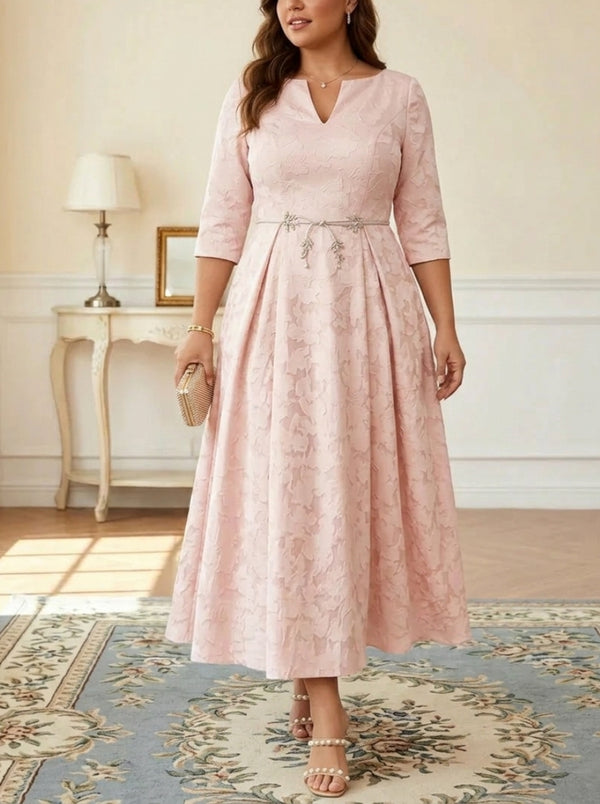 A-Line/Princess V-Neck Floral Burnout Plus Size Mother of the Bride Dresses Tea-Length 3/4 Sleeves Belt