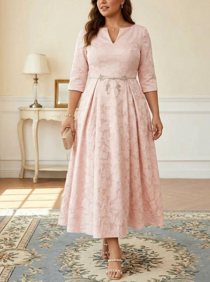 A-Line/Princess V-Neck Floral Burnout Plus Size Mother of the Bride Dresses Tea-Length 3/4 Sleeves Belt