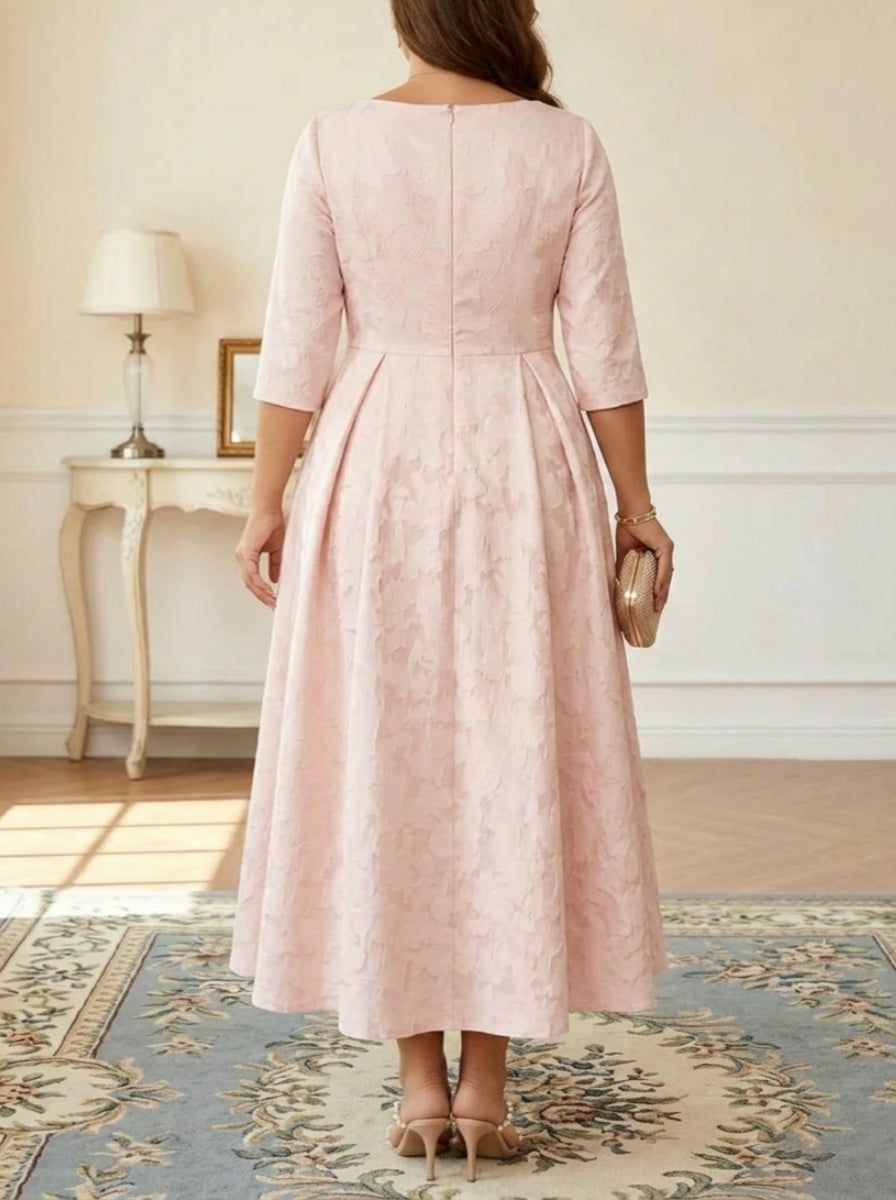 A-Line/Princess V-Neck Floral Burnout Plus Size Mother of the Bride Dresses Tea-Length 3/4 Sleeves Belt