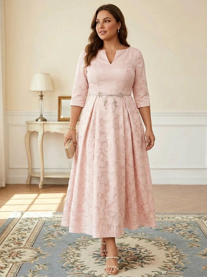 A-Line/Princess V-Neck Floral Burnout Plus Size Mother of the Bride Dresses Tea-Length 3/4 Sleeves Belt