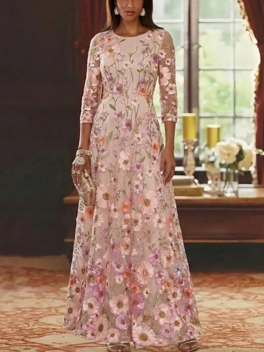 A-Line/Princess Scoop Lace Embroidery Mother of the Bride Dresses Floral Ankle-Length 3/4 Sleeves, As Pic