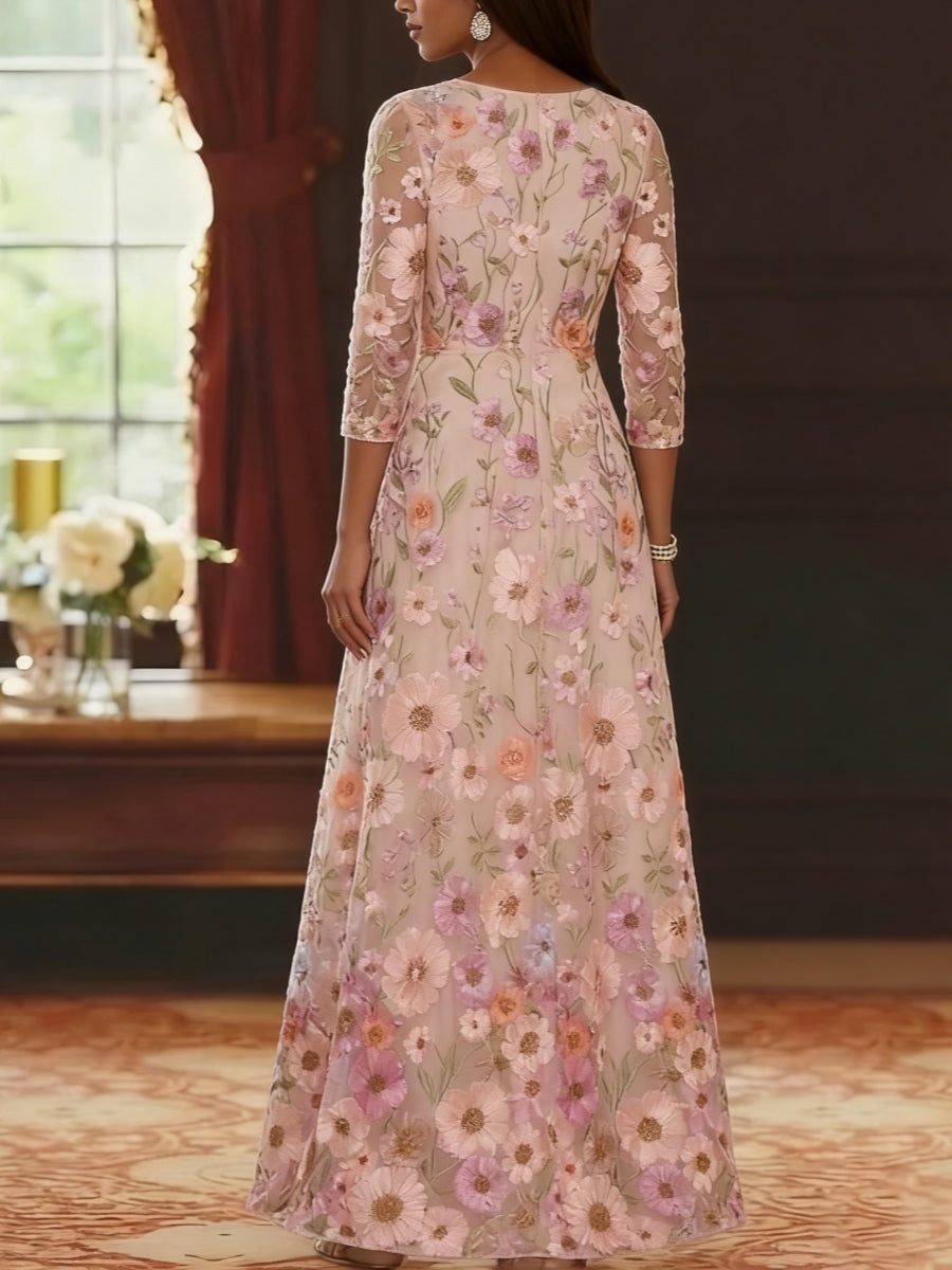 A-Line/Princess Scoop Lace Embroidery Mother of the Bride Dresses Floral Ankle-Length 3/4 Sleeves
