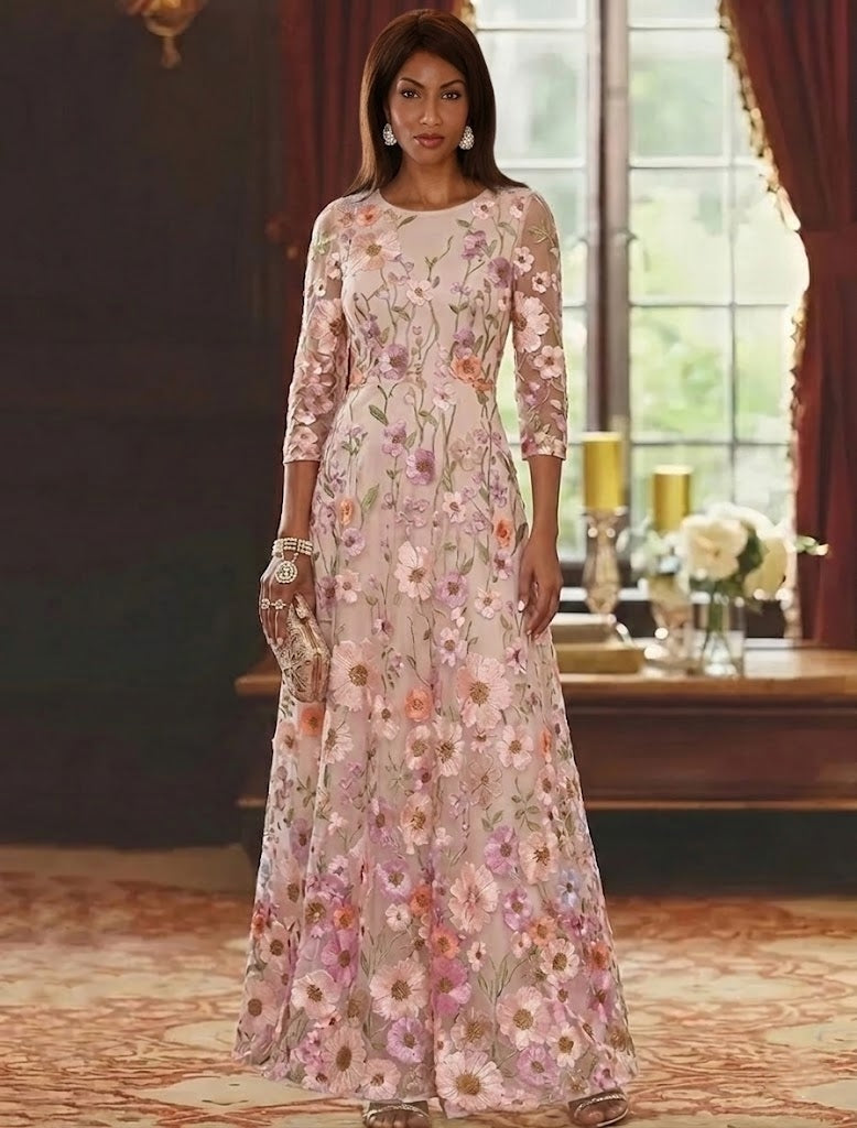 A-Line/Princess Scoop Lace Embroidery Mother of the Bride Dresses Floral Ankle-Length 3/4 Sleeves Ivory