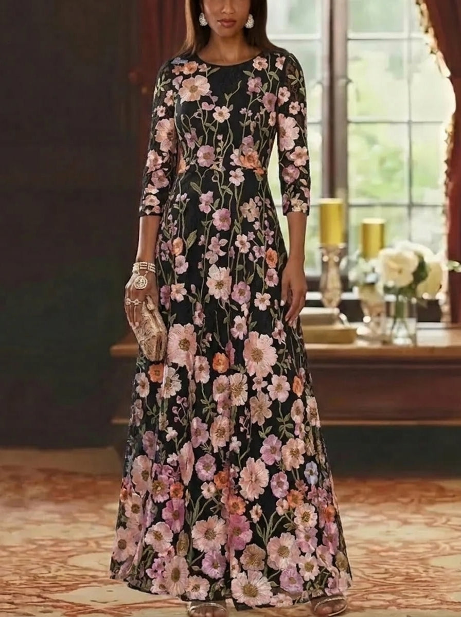 A-Line/Princess Scoop Lace Embroidery Mother of the Bride Dresses Floral Ankle-Length 3/4 Sleeves, As Pic