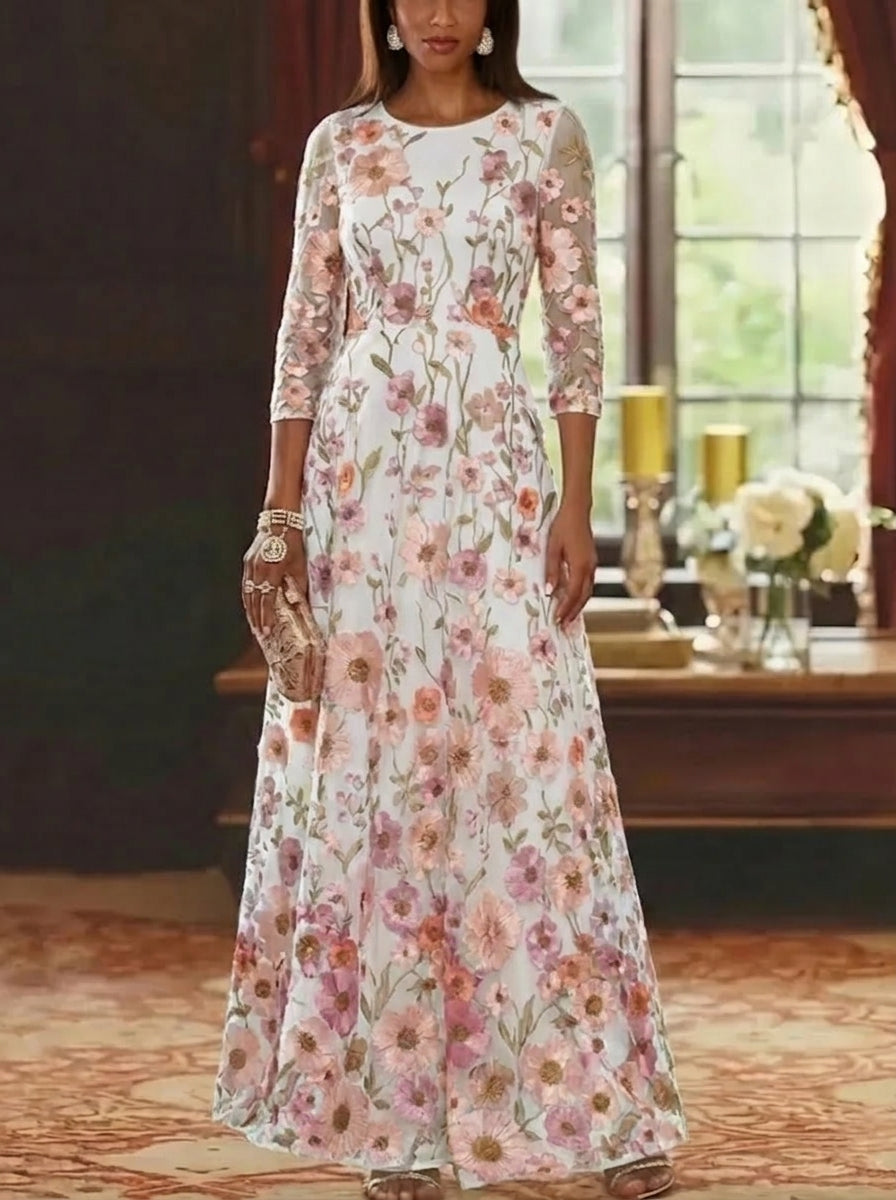 A-Line/Princess Scoop Lace Embroidery Mother of the Bride Dresses Floral Ankle-Length 3/4 Sleeves Ivory