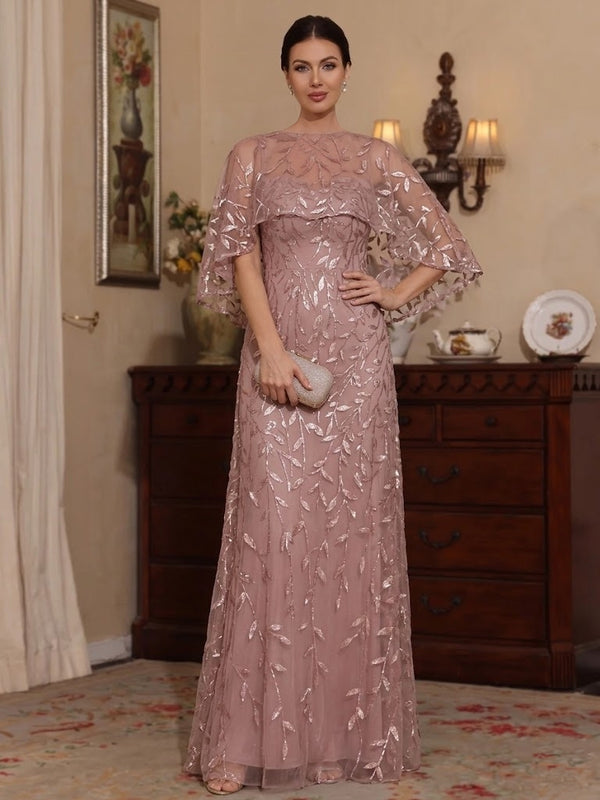 A-Line/Princess Scoop Lace Mother of the Bride Dresses Floor-Length Cape Sleeves Sequins Floral