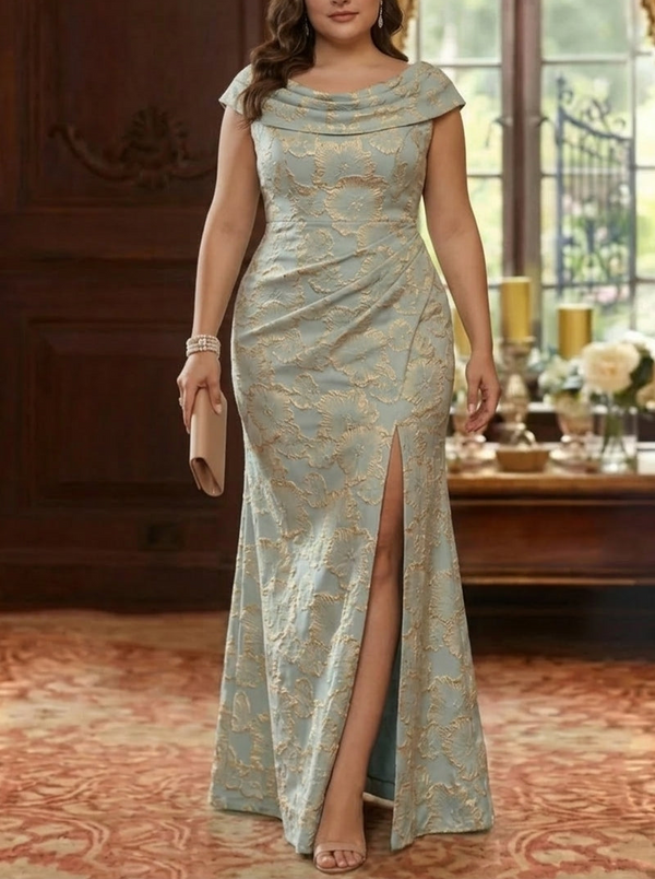 Sheath/Column Cowl Neck Jacquard Plus Size Mother of the Bride Dresses Floral Floor-Length Sleeveless