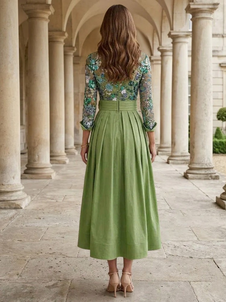 A-Line/Princess Shirt Collar Satin Mother of the Bride Dresses Tea-Length Lace Sequins 3/4 Sleeves Floral 3D Flower
