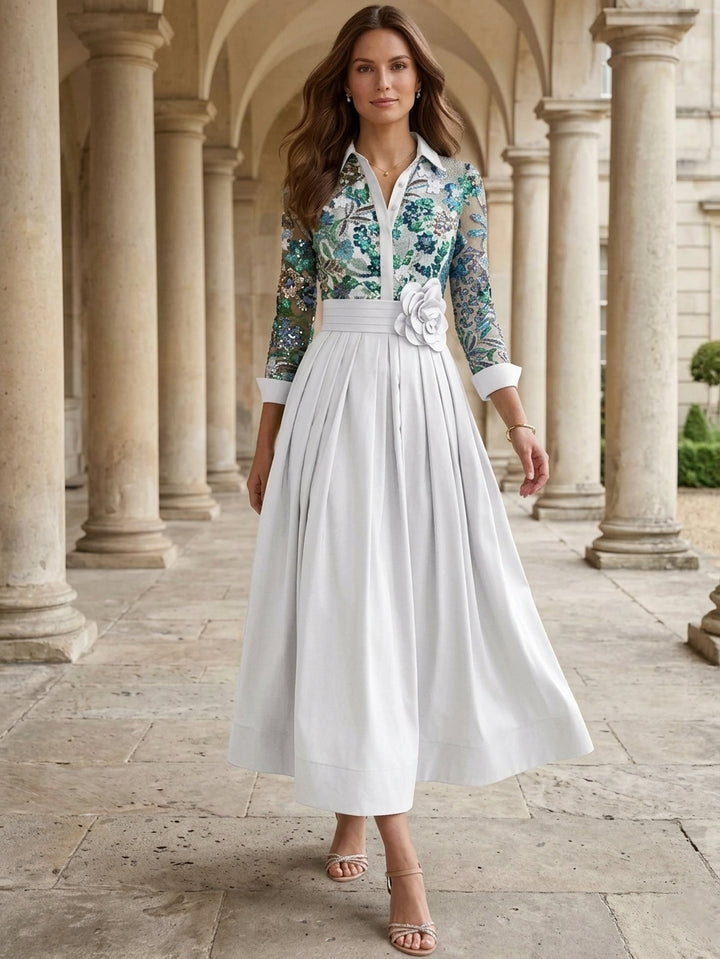 A-Line/Princess Shirt Collar Satin Mother of the Bride Dresses Tea-Length Lace Sequins 3/4 Sleeves Floral 3D Flower