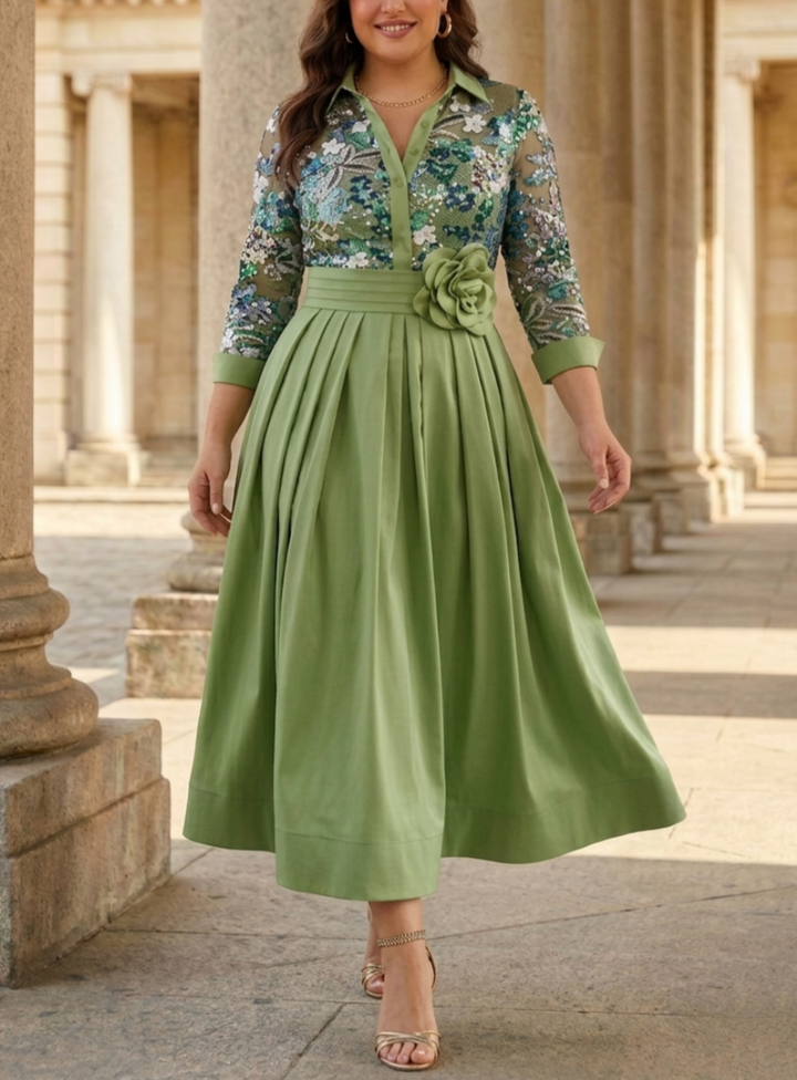 A-Line/Princess Shirt Collar Satin Plus Size Mother of the Bride Dresses Tea-Length Lace Sequins 3/4 Sleeves Floral 3D Flower