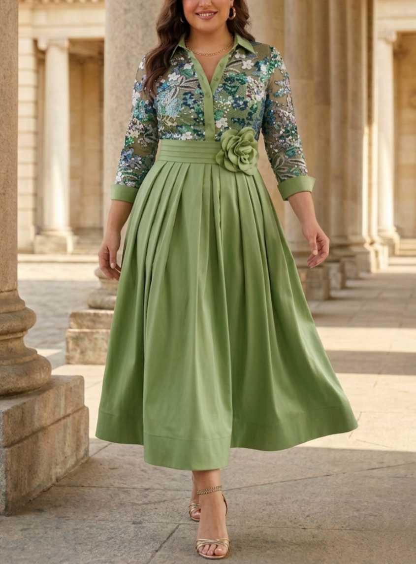 A-Line/Princess Shirt Collar Satin Plus Size Mother of the Bride Dresses Tea-Length Lace Sequins 3/4 Sleeves Floral 3D Flower