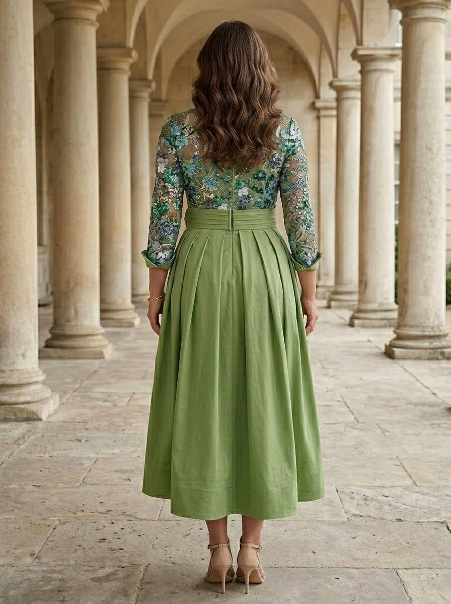 A-Line/Princess Shirt Collar Satin Plus Size Mother of the Bride Dresses Tea-Length Lace Sequins 3/4 Sleeves Floral 3D Flower